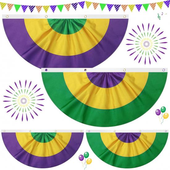 Irenare 4 Pcs Mardi Gras Burlap Bunting Flag New Orleans Mardi Gras Bunting Pleated Fan Flag Banner with Brass Grommets for Masquerade Carnival Party