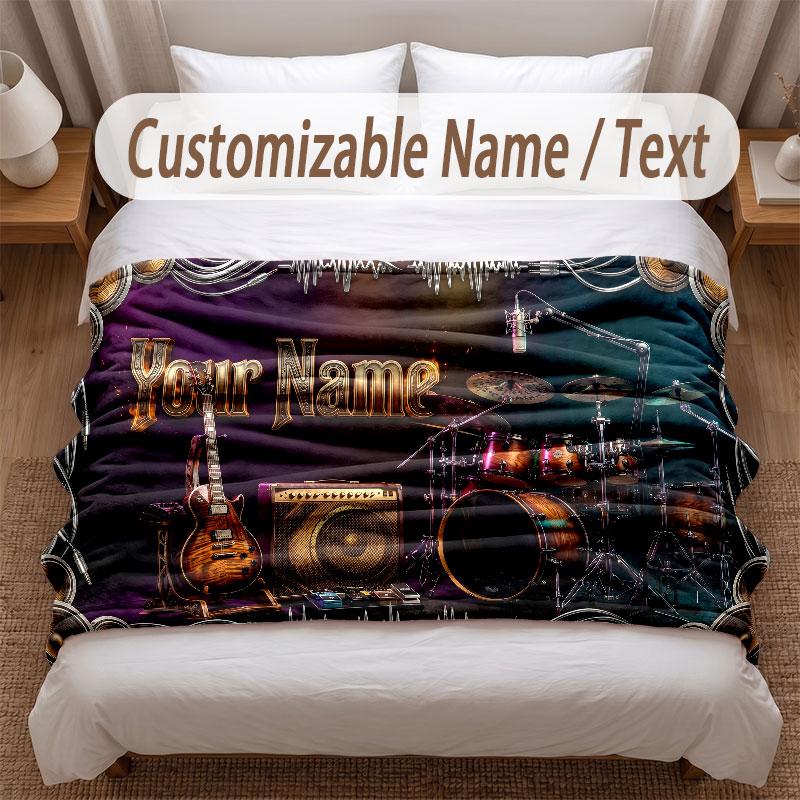 Music Theme Soft Blanket Personalized Custom Name Text Print Warm Blanket Home Sofa Bedroom Decor