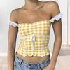 Regatas estampadas xadrez, renda, costura, cami, top curto, gola quadrada, sem mangas, sexy, curtas, colete, uso diário