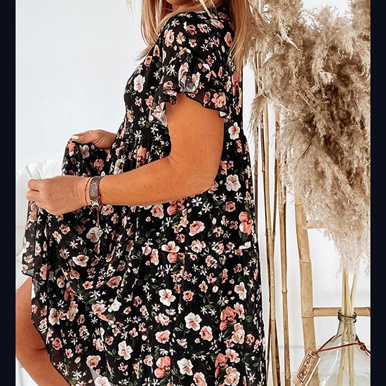 Verão manga curta em torno do pescoço moda sexy flor impressão europeu e americano vestido plissado vestido casual feminino