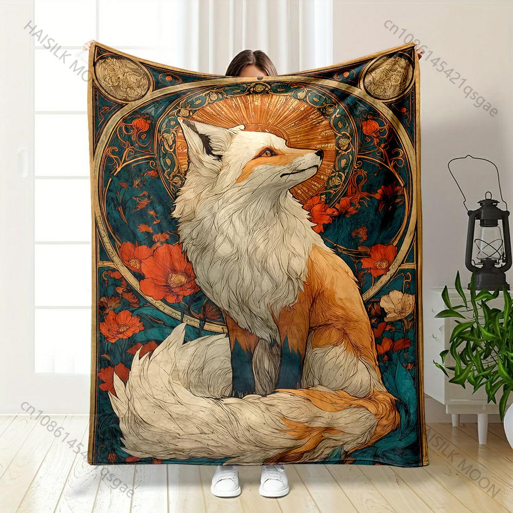 Art Nouveau fox floral halo Print Blanket Warm Soft Fluffy s Adult Sofa Bed Throw Blanket Outdoor Travel Camping RV