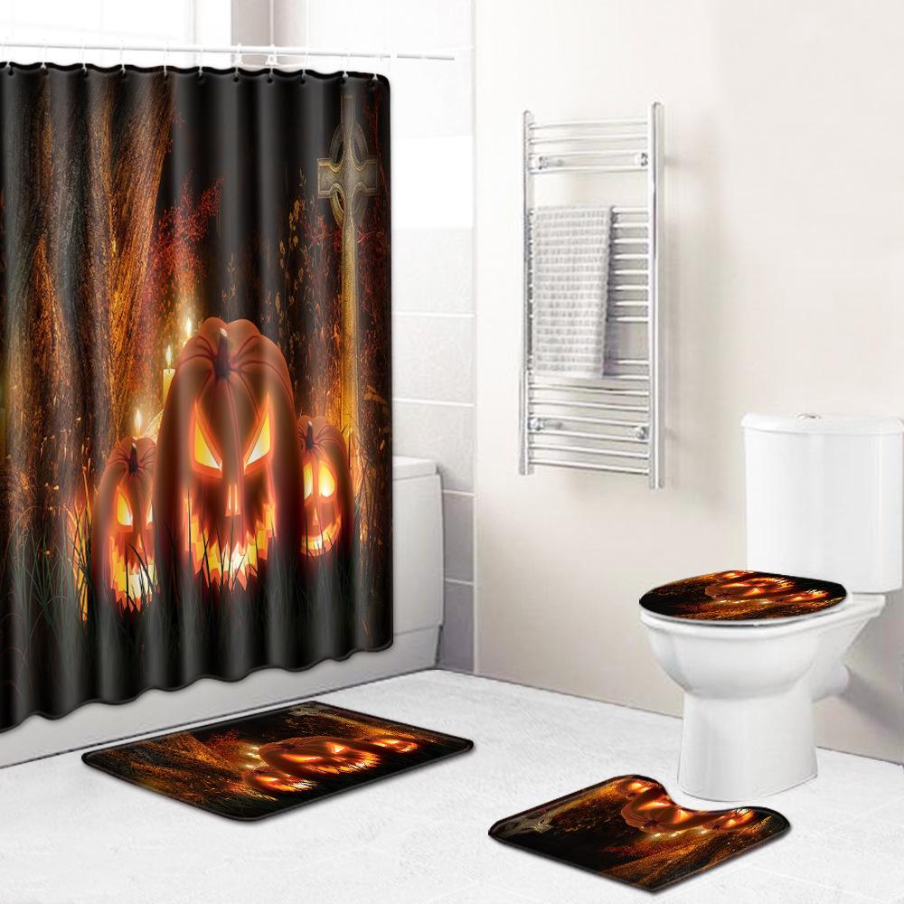 Halloween Series Bathroom Shower Curtain Floor Mat Toilet Cover Foot Mat Four-Piece Set