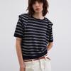 GREEN BELT Striped Wool Linen Knit Short Sleeve Top with Necktie