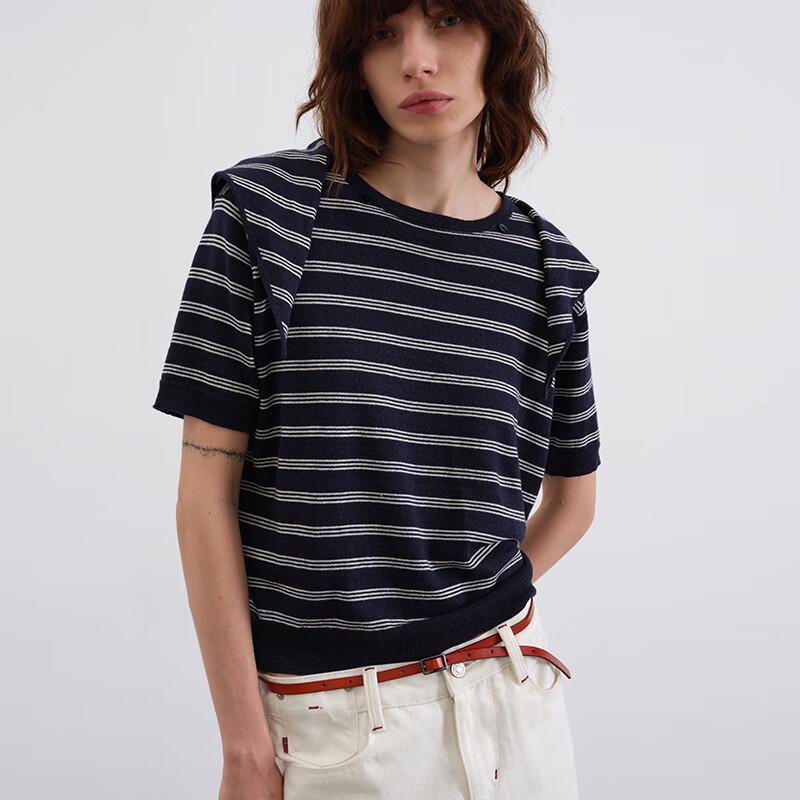 GREEN BELT Striped Wool Linen Knit Short Sleeve Top with Necktie
