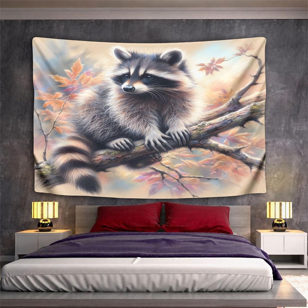 Raccoon on Autumn Tree Branch Pattern Wall Hanging Tapestry Decorative Tapestry Home Decor for Bedroom and Living Room