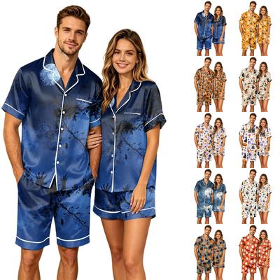 Herren Halloween Bedrucktes Kurzarm-Pyjamaset mit Brusttasche und passender Hose für Paare