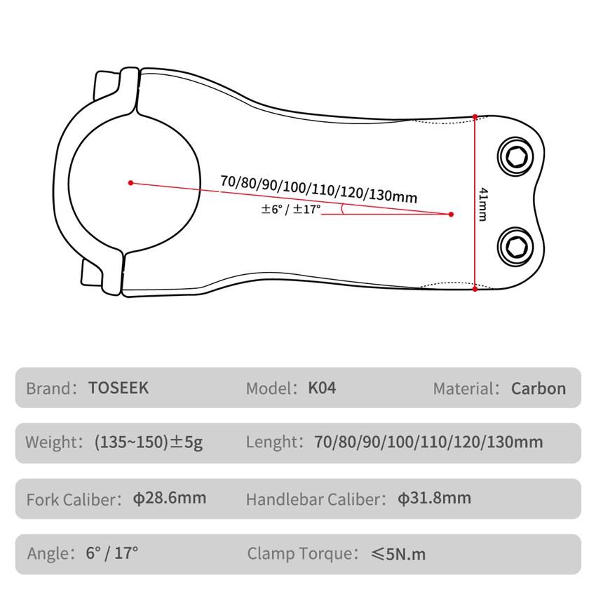 TOSEEK T700 Carbon Fiber Road Mountain Gravel Bike Stems 31.8mm Handlebar Clamp 28.6mm Steerer Clamp 6/17 Degree Bicycle Stem
