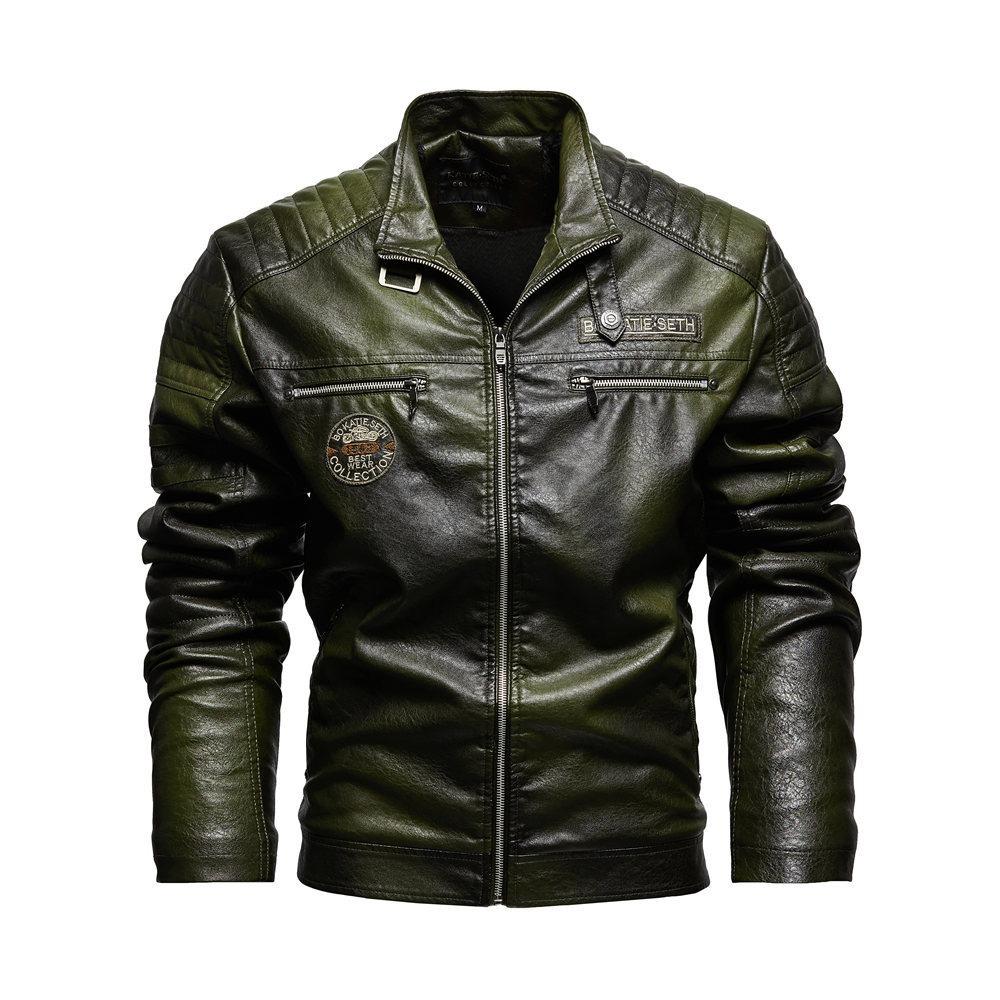 

Men s Fleece-Lined PU Leather Jacket - Motorcycle Style Outerwear 7XL зелений