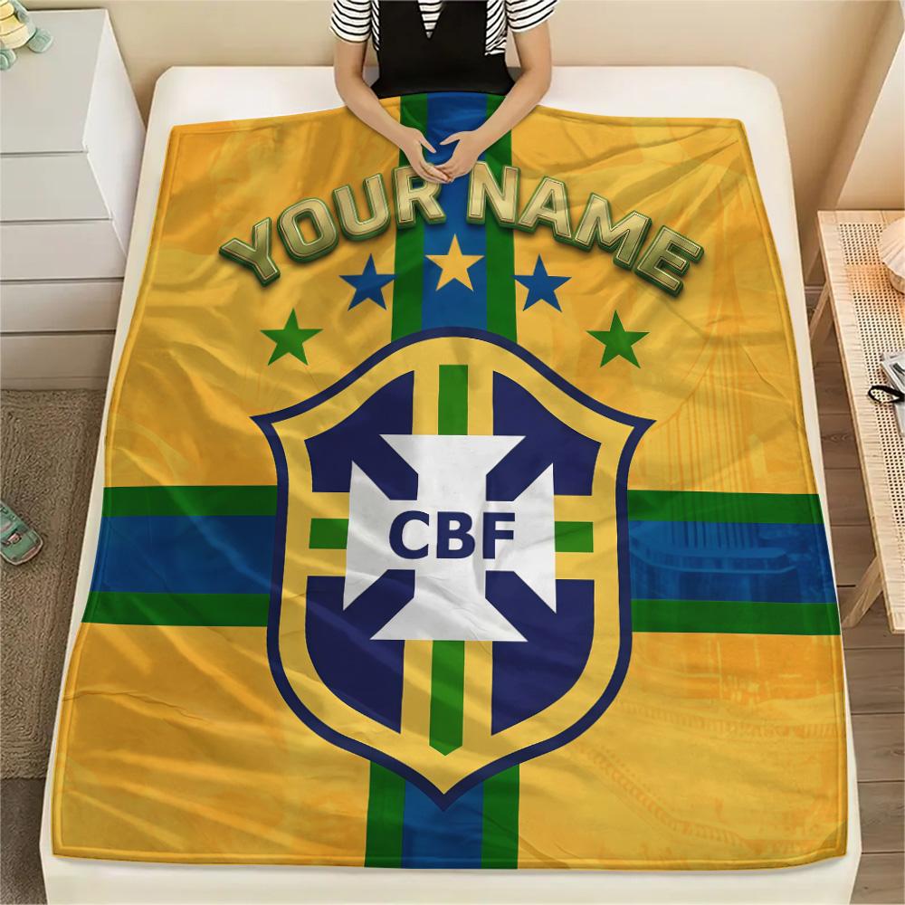 Custom Name Brazil Football Confederation Flannel Blanket, High quality Comfortable for All Seasons, Home Decor, Warmth and Comfort