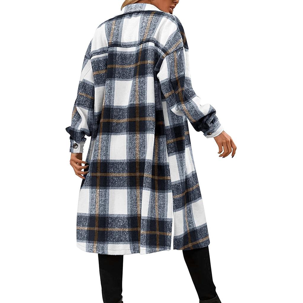 Módní dámské ležérní volné broušené vlněné plyšové kostkované kabátky s dlouhým rukávem