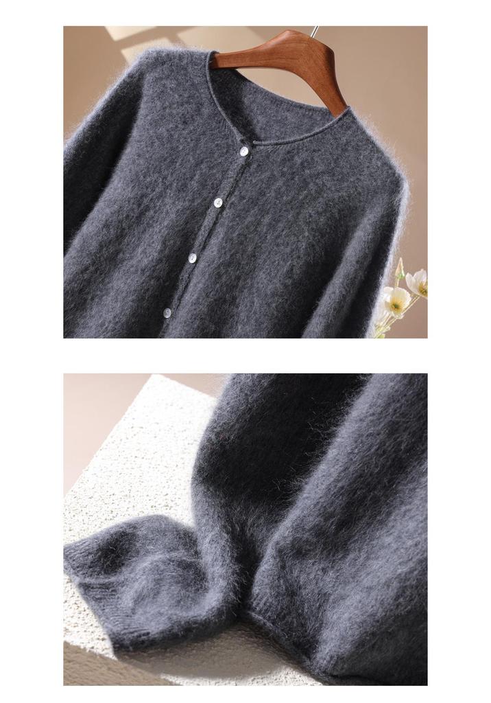 2026 Autumn/Winter Women's Long Sleeve Cashmere Wool Cardigan - Round Neck, Rolled Edge, Solid Color Flocked Sweater