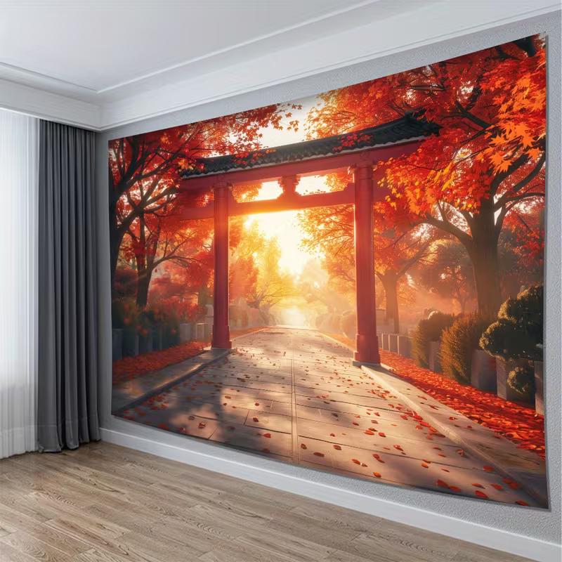 2D Japanese Autumn Torii Tapestry, Red Maple Tree Sunset Wall Hanging for Home Decor