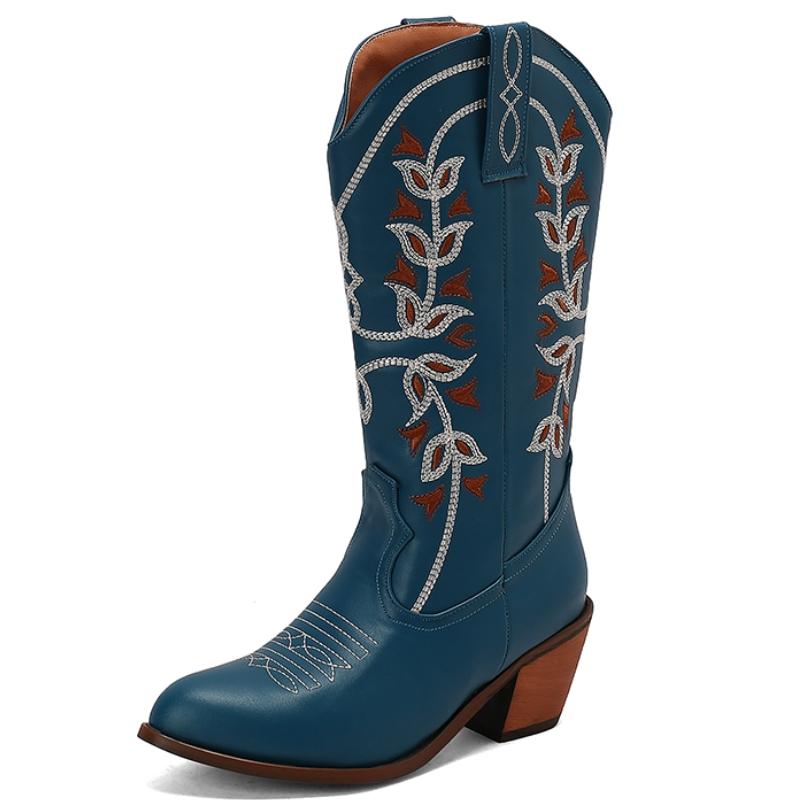 

Модные сапоги большого размера 45 с вышивкой в ковбойском стиле для девочек, модные сапоги до середины голени для женщин на низком каблуке, черные, зеленые, синие, белые, унисекс-обувь 40 темно-синий