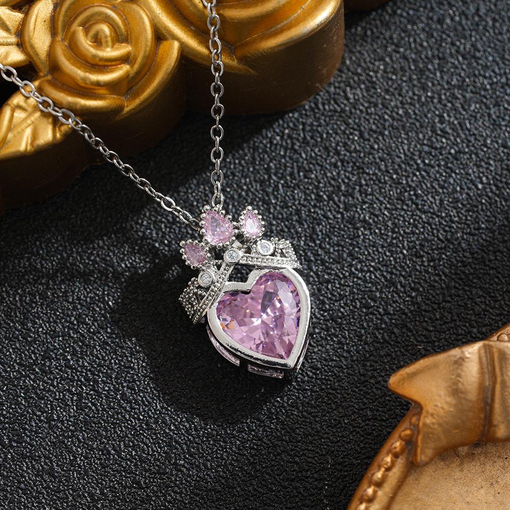 Pink Crown Heart Necklace: Titanium Steel Clavicle Chain with Light Luxury & Niche Design, Versatile Accessory