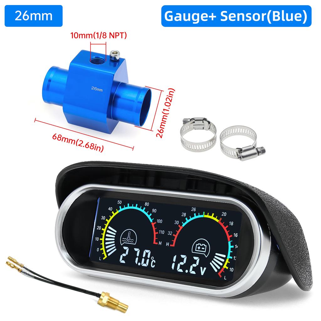 2 In 1 Water Temp Gauge Voltmeter With 1/8 NPT Temperature Sensor With Adapter (Option) Volt Voltage Meter For Car Truck 12V 24V