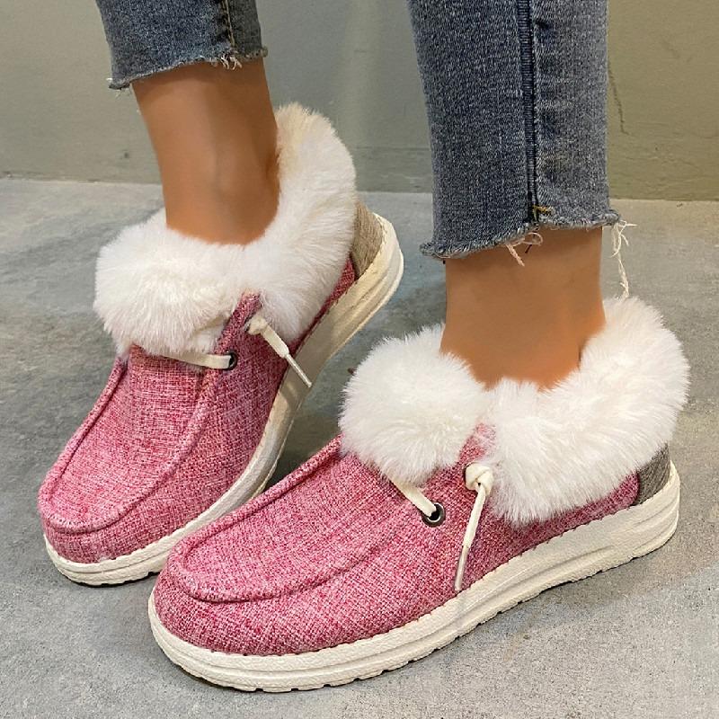 Cross-border foreign trade low-top lace-up cotton shoes women's autumn and winter round head plush mouth flat-bottomed snow boots