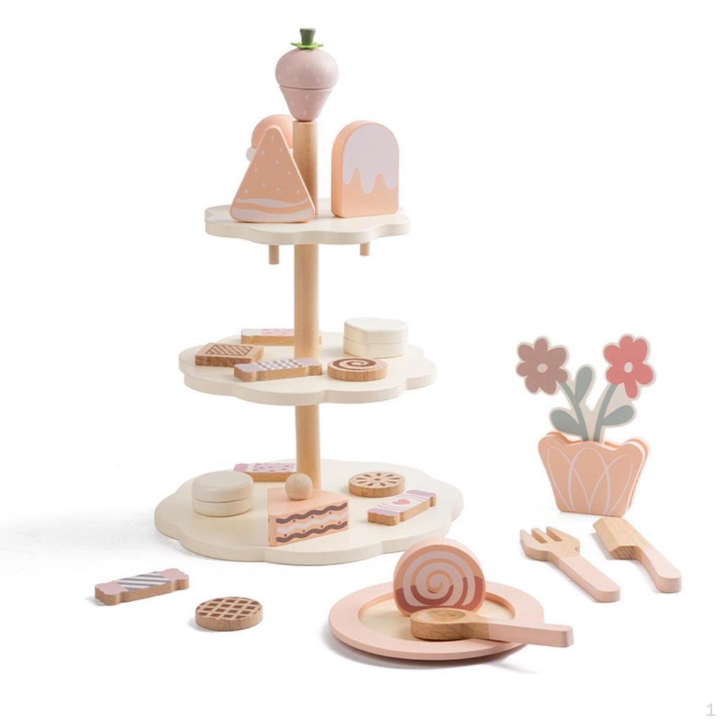 Wooden Dessert Playset Smooth Painted Finish Pretend Confectionery Stand Assorted Accessories