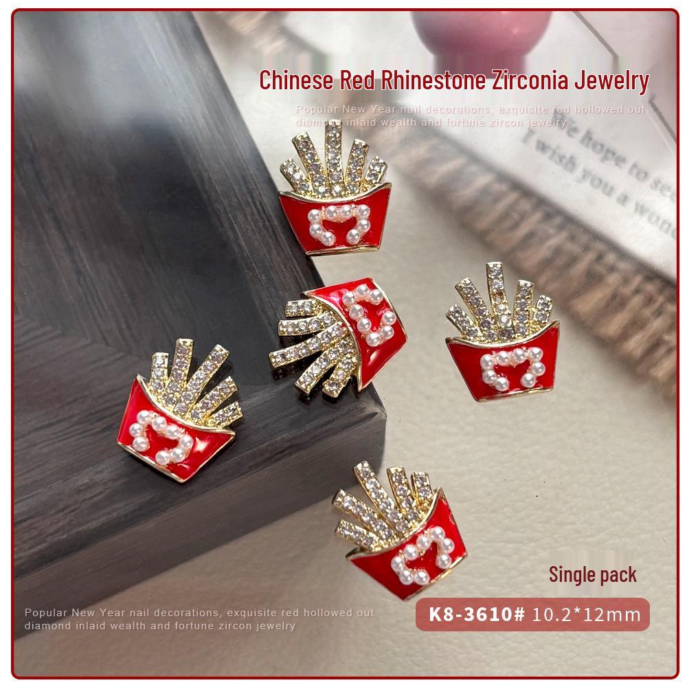 2026 New Year Zircon Nail Art: Festive Red Knot, Fu Character, Goldfish, Coin, and Rhinestone Decorations