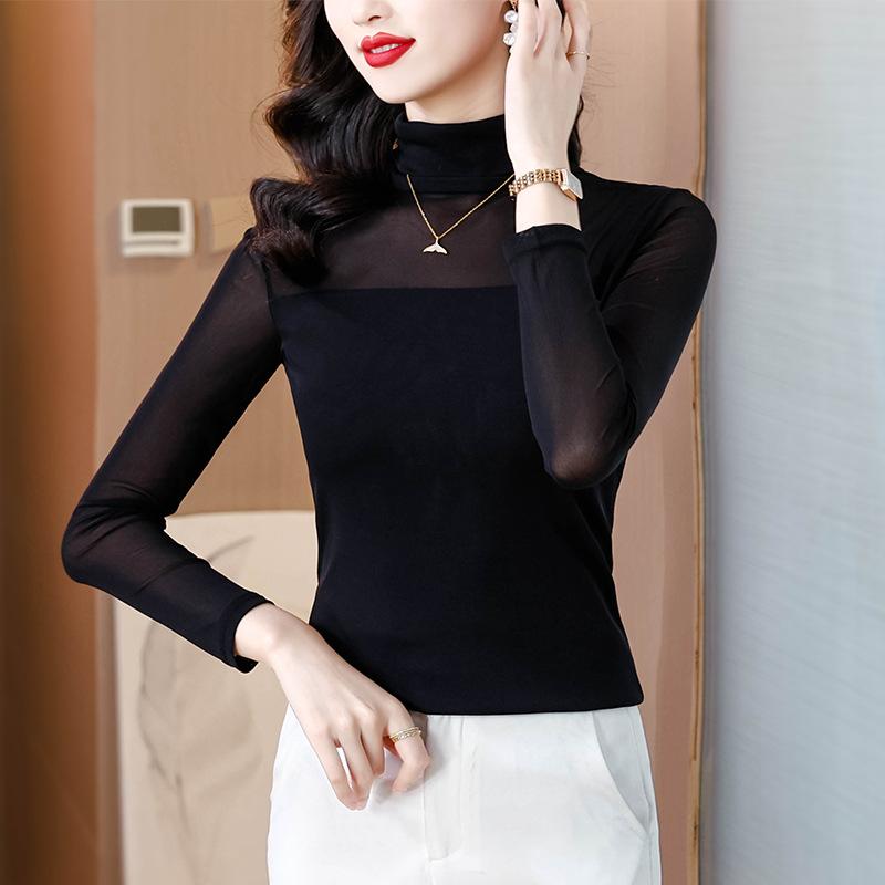 Women's Long Sleeve Mesh Top Turtleneck Elegant Lady Style Blouse Solid Color Patchwork Slim Fit Basic Undershirt