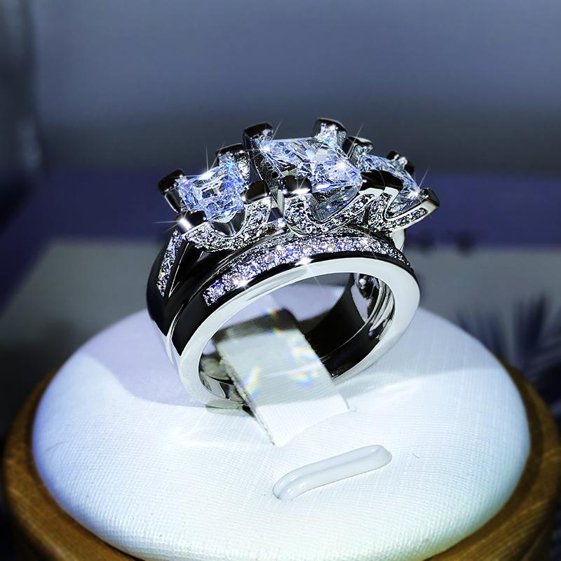 Sterling Silver Luxury Crystal Square Rings With Big Stone Bridal Wedding Engagement Ring Female Zircon Ring for Women