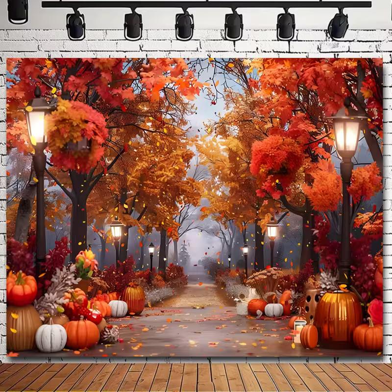 

2D Autumn Street Backdrop, Glowing Lantern & Fall Foliage Photography Background 47.2x31.5inch/120*80cm