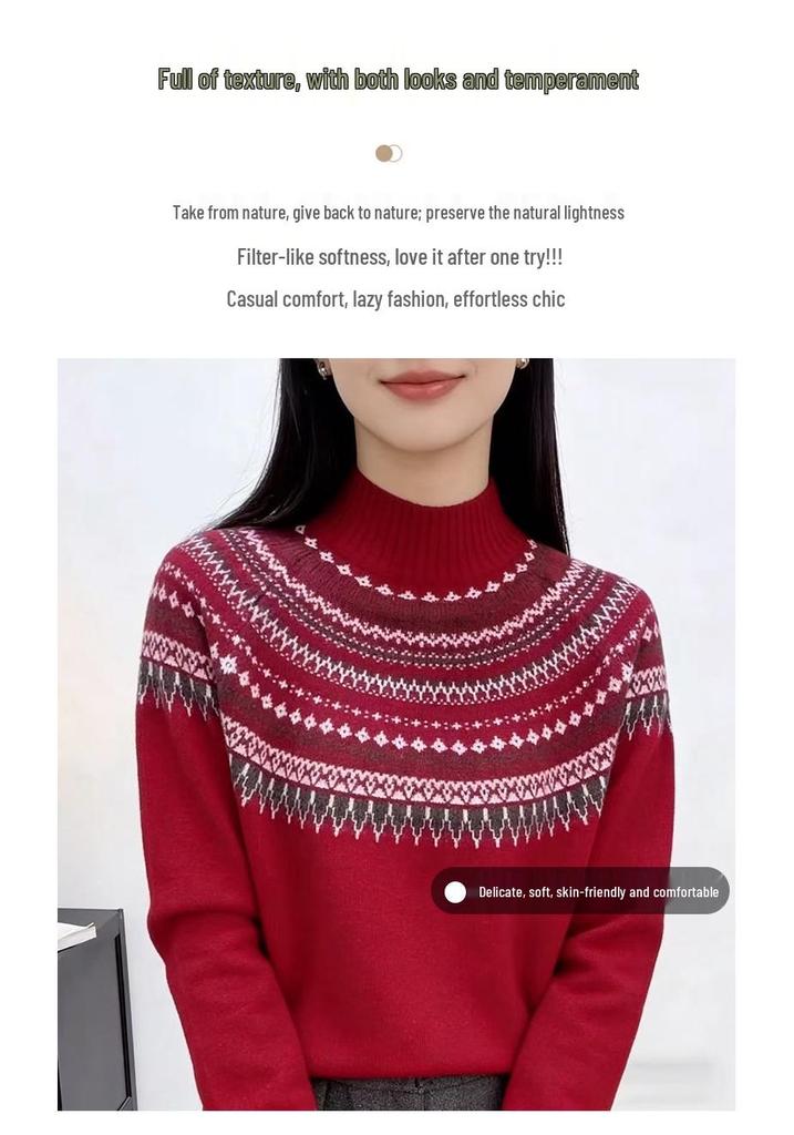 Fair Isle Women's Retro Cashmere Sweater - French Style Round Neck Pullover, Long Sleeve Knitwear