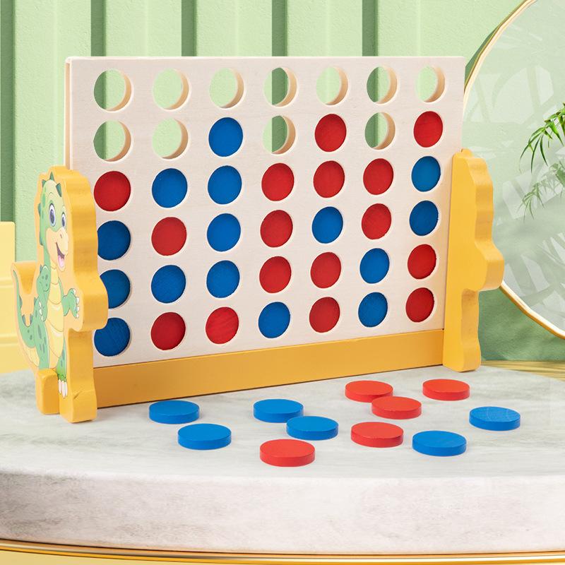 Klassisches Holz-Vier-Gewinnt-Gitter, 4 in einer Reihe Spiel mit Dinosaurier-Basis, Strategie-Familienbrettspiele für 2 Spieler, Eltern-Kind-Spiel