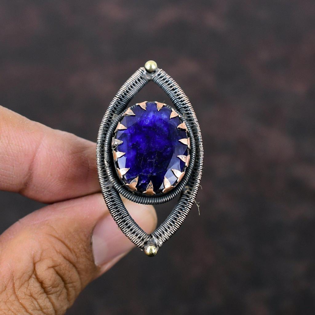 Faceted Blue Sapphire Ring Copper Wire Wrapped Ring Adjustable Ring Copper Gemstone Jewelry Handmade Ring Wire Wrap Jewelry Anniversary Gift