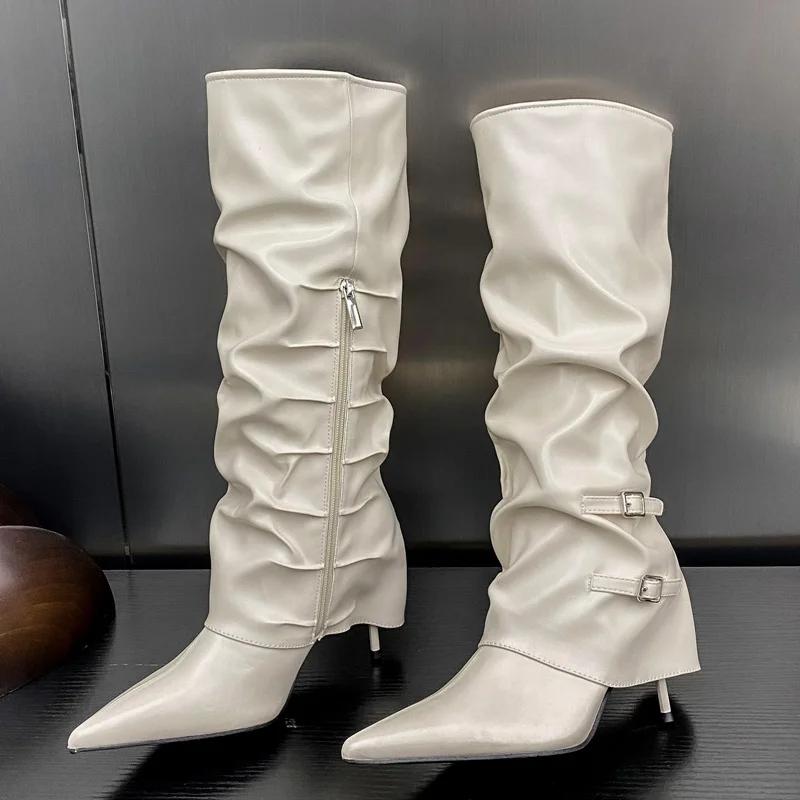

Осенне-зимние плиссированные ботильоны с пряжкой для женщин, заостренный носок, тонкий каблук, высококачественный дизайн, молния, женская обувь 35