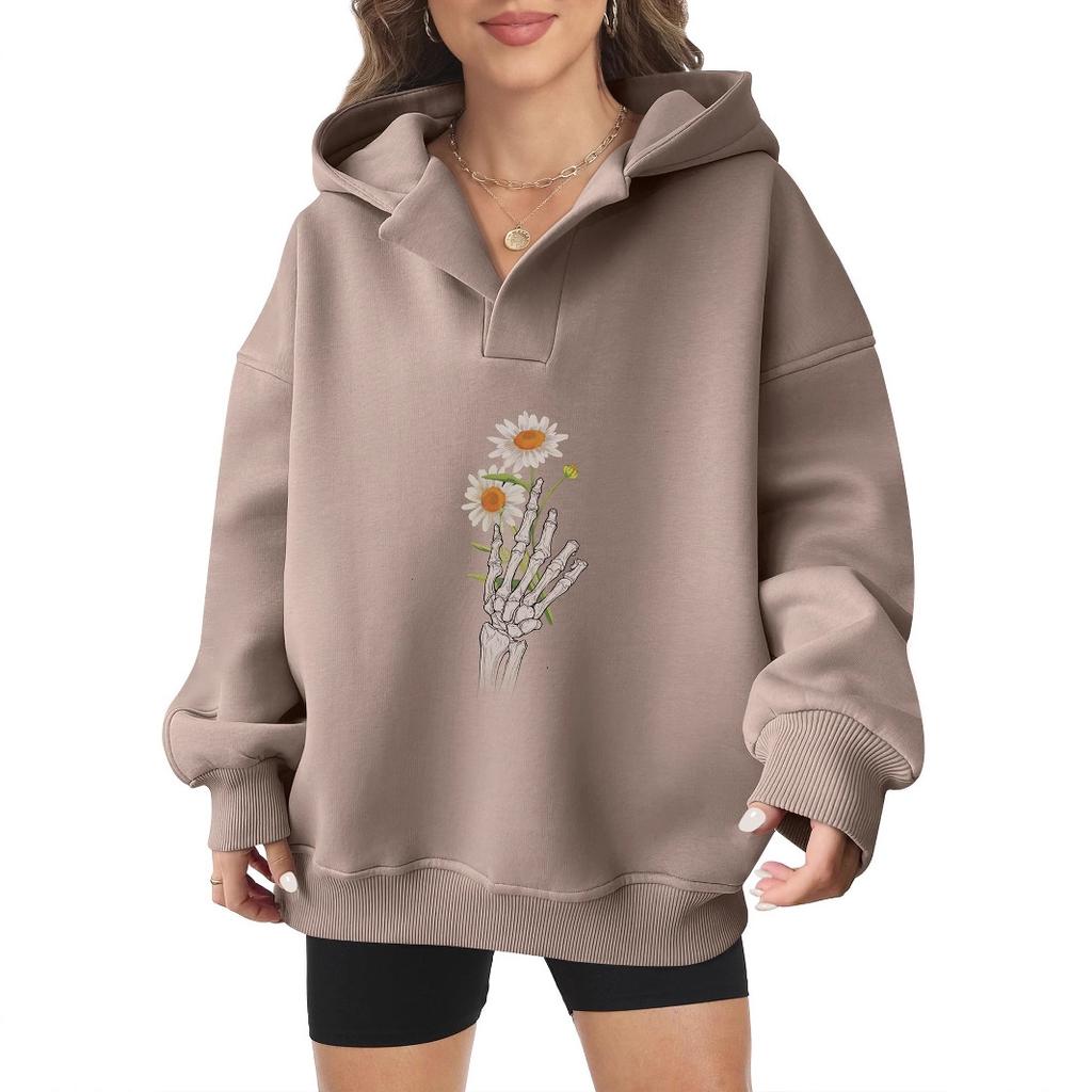 2025 new European and American Halloween women's hooded sweater front and rear pattern winter fleece loose casual