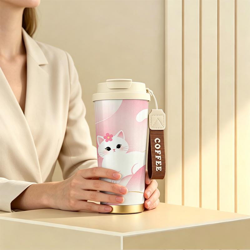 532ml Coffee Mug White Cat With Small Flower Motif Outdoor Travel Thermos Strap Coffee Cup Portable Travel Coffee Mug Premium Gift Water Cup 532ml Coffee Mug