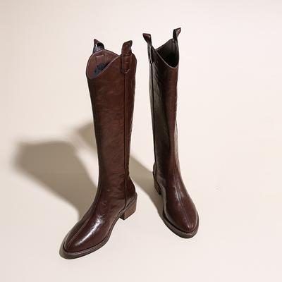 Women Knee-high Boots Leather Natural Leather Ladies Bootie Autumn and Winter Western Boots Goth Shoes Long Botas