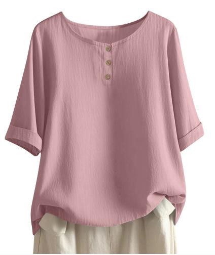 Dames O-hals Blouse met Driekwartmouwen Losse Pasvorm Casual Katoen Linnen Top Effen Kleur Knopen Henley Top