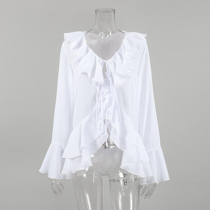 European and American French Chiffon Shirt 1116 Autumn New V-neck Ruffle Edge Flared Sleeves Loose Long-sleeved Women's Top