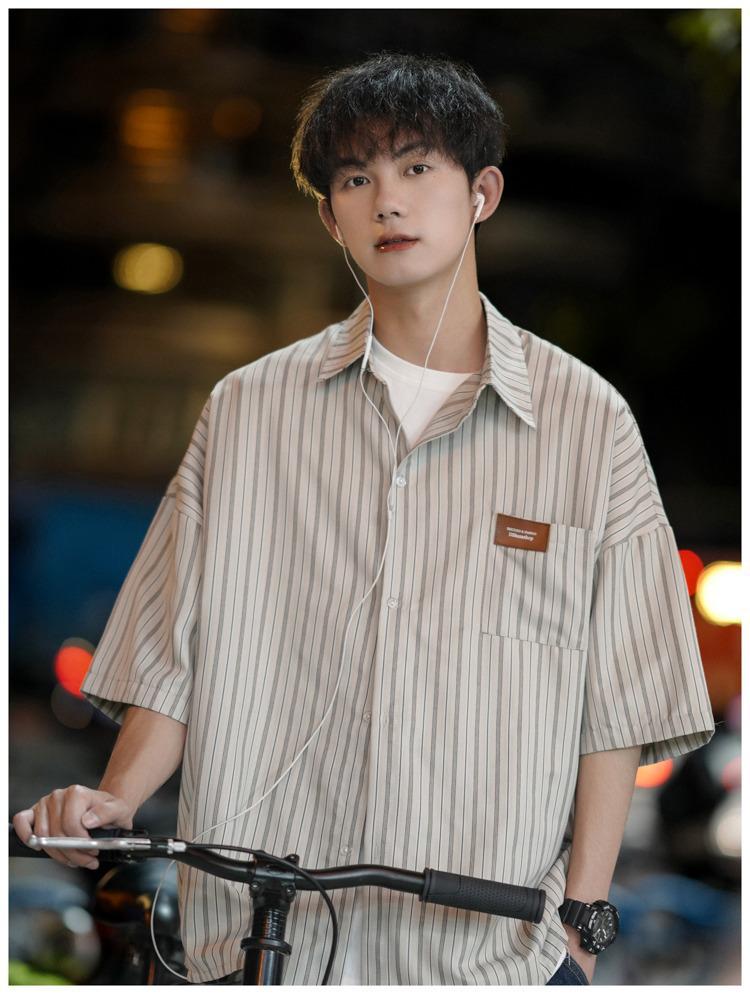 Men's Retro Striped Short Sleeve Pique Shirt - Summer Trendy Loose Fit Plus Size Jacket