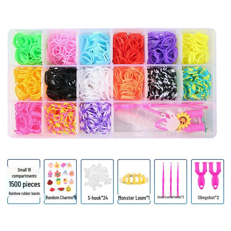 

Набор для плетения из разноцветных резинок-радуг с 18 ячейками для детей - 1500 штук