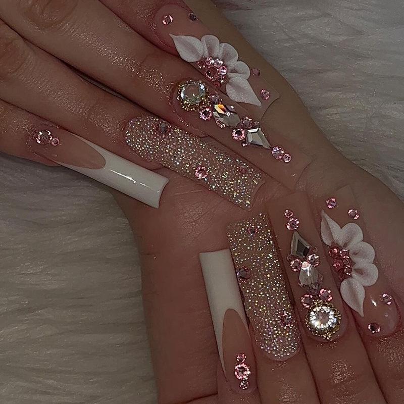 Long Wear Flash Color Diamond Bow False Nails - European & American Style