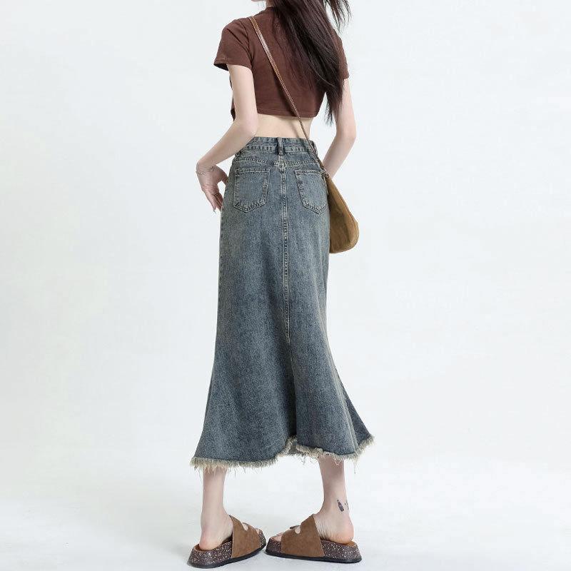 Vintage Old Half-body Skirt Denim Skirt Female Package Hip Design Sense Raw Edge Fishtail Skirt In Long Summer Comfortable Fashion Denim Bustier Skirt