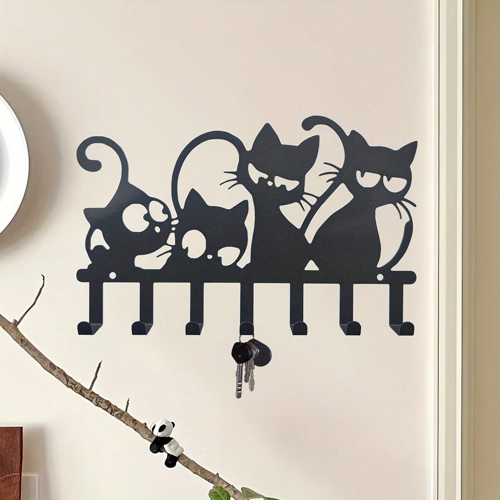 Cat Shaped Wall Mounted Key Hook Organizer, 7 Hooks for Keys Towels Coats, Easy Install Entryway Storage Rack for Living Room Hallway Office