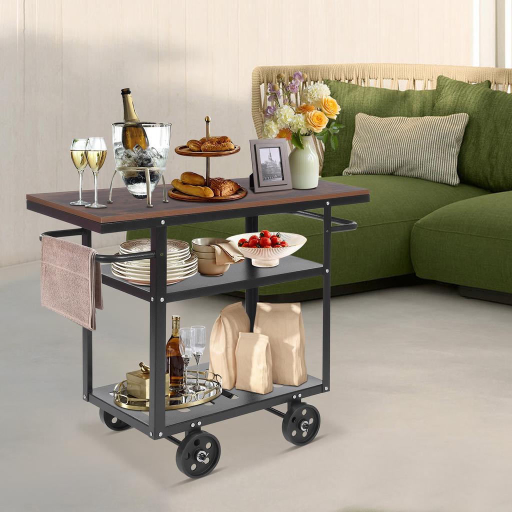 Industrial Pipe Bar Cart, Kitchen Serving Cart, 3-Tier Rolling Utility Cart with Fixed Wheels, 92x40x77.5cm Mobile Bar Cabinet