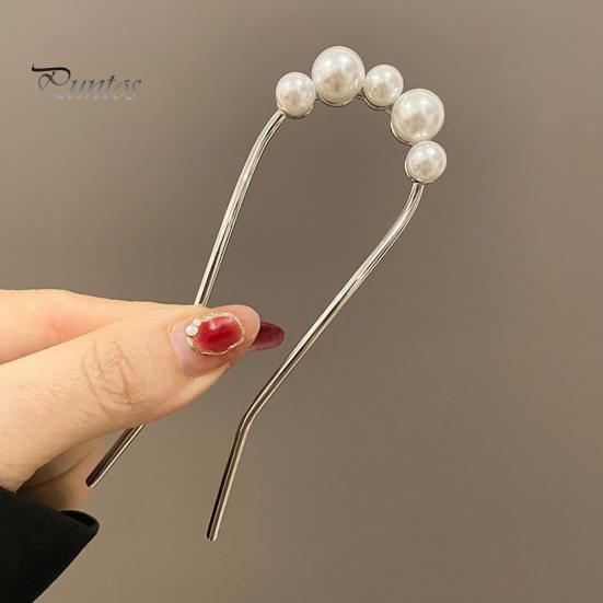 French Hair Fork Elegant Faux Pearl Anti-slip Long Thick Hair Updo Bun Metal U-Shaped Hair Pin Stick Women Girls Hair Accessories