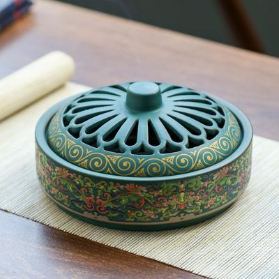 Ceramic Incense Burner Censer Coil Stick Holder Stove Teahouse Decor Enamel Painted Lotus Pattern Covered Incense Stove for Cone