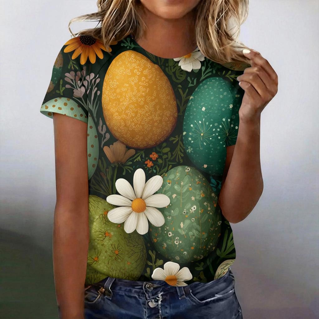 Women's Fashionable Casual Short-Sleeved Raglan Sleeve Easter Print T-Shirt Top