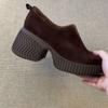 Bull Suede Block Heel Single Shoes Fashion Round Toe Deep Mouth Platform Soft Sole Low Top Shoes