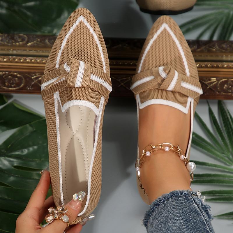 Women's Shoes Are Thin, Pointed, Flat-bottomed Single Shoes, Women's Flying Weaving, One Pedal, Bow, Casual and Breathable