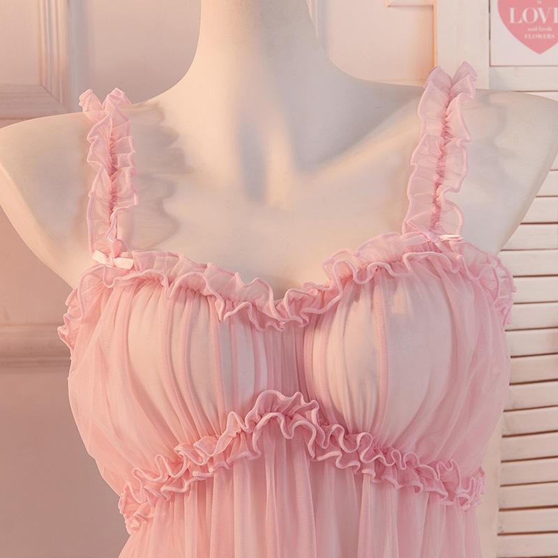 Sexy Lingerie Elastic G Strings Sleeveless Women Pajama Suit See Through Pink Mesh Nightdress Homewear Babydolls Erotic Costumes