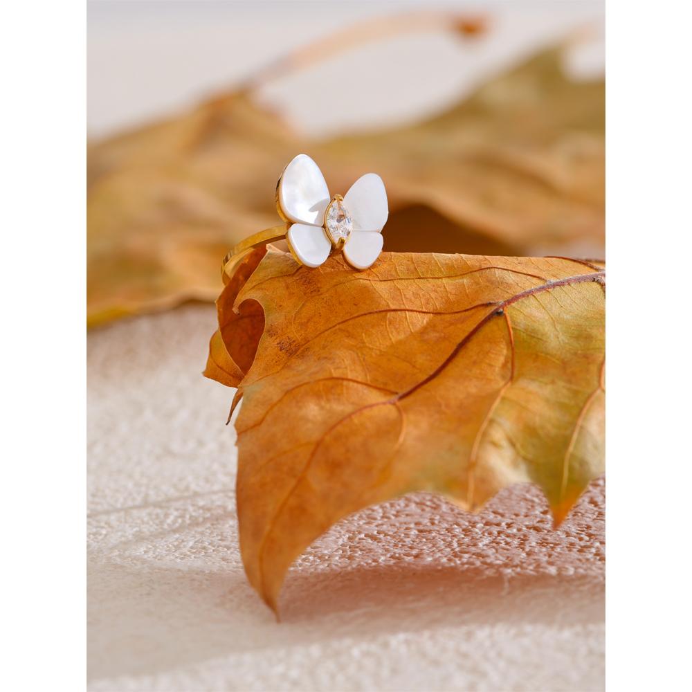 Eetit  316L Stainless Steel Zircon Natural Shell Butterfly Adjustable Ring High Quality Exquisite Popular Jewelry Gift PVD Plated