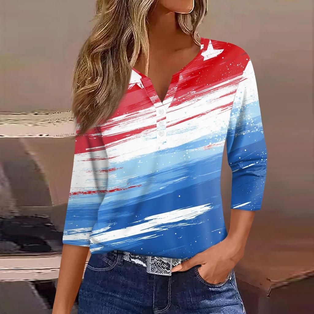 Dam T-shirt Tee Självständighetsdagen Tryckt Knapp 3/4 Ärm Tunika Vardag Helg Mode Grundläggande V-ringning Normal Topp
