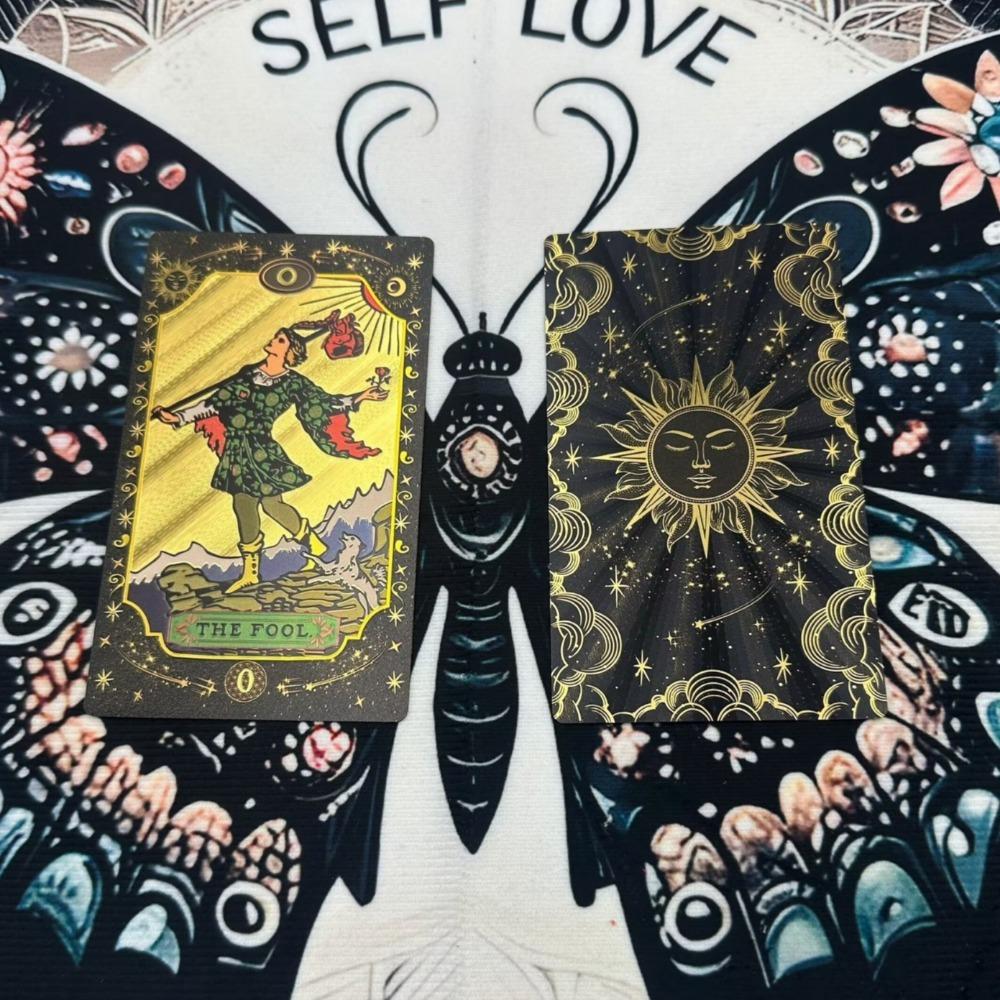 Black Gold Gilded Mystic Tarot Deck, Divination Tool with Luxury Finish 12*7cm 78 Pcs Waterproof Cards Based on Rider System