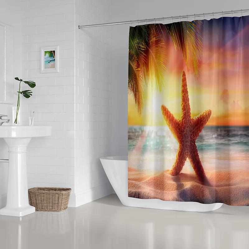 2022 New Shower Curtain Starfish Beach Pattern Bathroom Partition Waterproof  Coconut Sea View Polyester